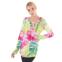 Tropical Dream Hibiscus Pattern Women s Tie Up Tee