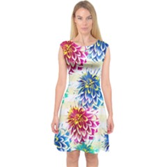 Colorful Dahlias Capsleeve Midi Dress