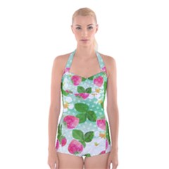 Cute Strawberries Pattern Boyleg Halter Swimsuit 