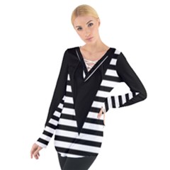 Black & White Stripes Big Triangle Women s Tie Up Tee