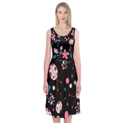 Pink Ladybugs And Flowers  Midi Sleeveless Dress