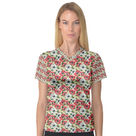 Gorgeous Red Flower Pattern  Women s V-neck Sport Mesh Tee by Brittlevirginclothing