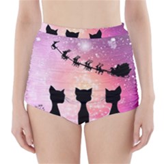 Cats Looking In The Sky At Santa Claus At Night High-waisted Bikini Bottoms