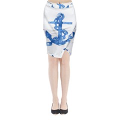 Anchor Aquarel Painting Art, Soft Blue Midi Wrap Pencil Skirt