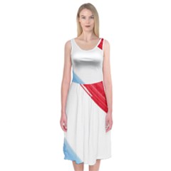 Tricolor Banner Watercolor Painting, Red Blue White Midi Sleeveless Dress