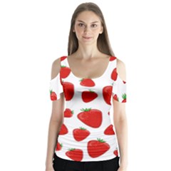 Decorative Strawberries Pattern Butterfly Sleeve Cutout Tee 