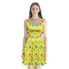 Yellow Cute Birds And Flowers Pattern Split Back Mini Dress 