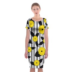 Yellow Floral Pattern Classic Short Sleeve Midi Dress