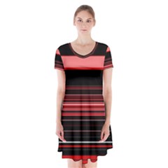 Abstract Of Red Horizontal Lines Short Sleeve V-neck Flare Dress