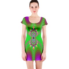 Green And Purple Fractal Short Sleeve Bodycon Dress