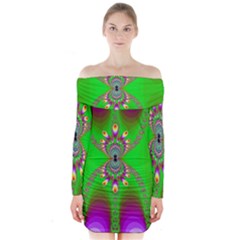 Green And Purple Fractal Long Sleeve Off Shoulder Dress