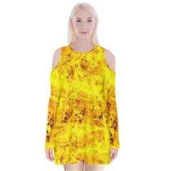 Yellow Abstract Background Velvet Long Sleeve Shoulder Cutout Dress