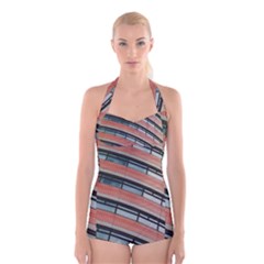 Architecture Building Glass Pattern Boyleg Halter Swimsuit 