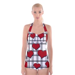 Hearts Pattern Boyleg Halter Swimsuit  by Valentinaart