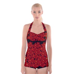 Red Bouquet  Boyleg Halter Swimsuit 