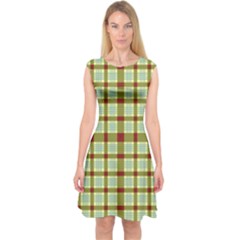 Geometric Tartan Pattern Square Capsleeve Midi Dress