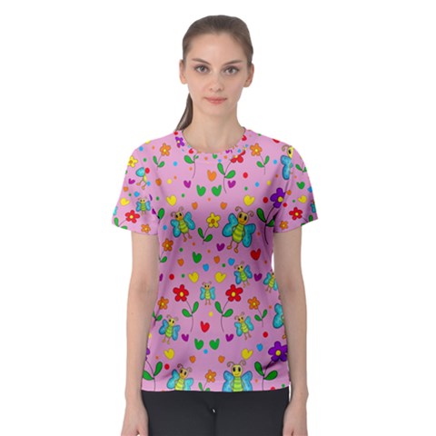 Cute Butterflies And Flowers Pattern - Pink Women s Sport Mesh Tee by Valentinaart