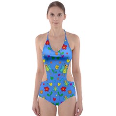 Cute Butterflies And Flowers Pattern - Blue Cut-out One Piece Swimsuit by Valentinaart