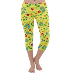 Cute Butterflies And Flowers - Yellow Capri Yoga Leggings by Valentinaart