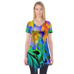 Abstract Flowers Bird Artwork Short Sleeve Tunic 