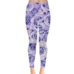 Electric White And Blue Roses Leggings  by Brittlevirginclothing