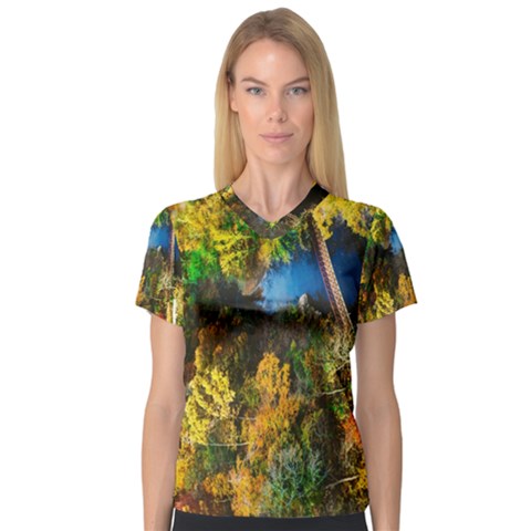 Bridge River Forest Trees Autumn Women s V-neck Sport Mesh Tee by Nexatart
