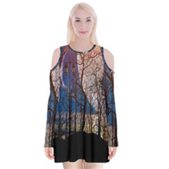 Full Moon Forest Night Darkness Velvet Long Sleeve Shoulder Cutout Dress by Nexatart