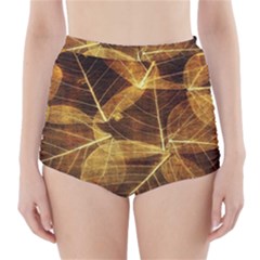 Leaves Autumn Texture Brown High-waisted Bikini Bottoms by Nexatart