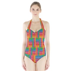 Texture Surface Rainbow Festive Halter Swimsuit