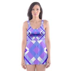 Geometric Plaid Pale Purple Blue Skater Dress Swimsuit by Amaryn4rt