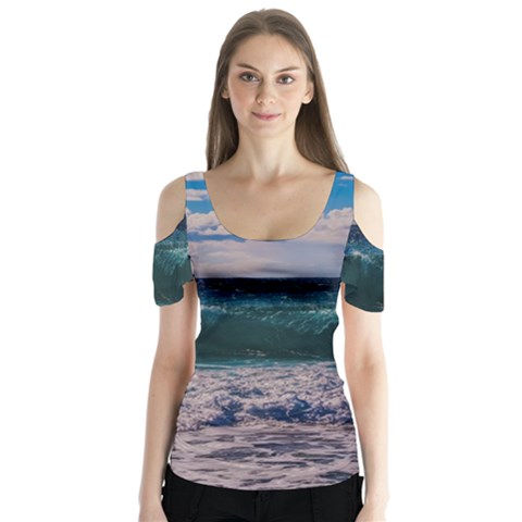 Wave Foam Spray Sea Water Nature Butterfly Sleeve Cutout Tee  by Amaryn4rt