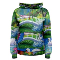 Swan Bird Spring Flowers Trees Lake Pond Landscape Original Aceo Painting Art Women s Pullover Hoodie