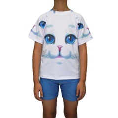 Cute White Cat Blue Eyes Face Kids  Short Sleeve Swimwear by Amaryn4rt