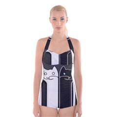 Texture Cats Black White Boyleg Halter Swimsuit 