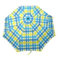 Gingham Plaid Yellow Aqua Blue Folding Umbrellas