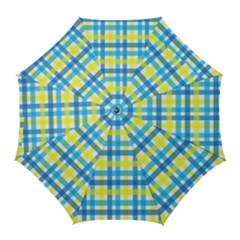 Gingham Plaid Yellow Aqua Blue Golf Umbrellas by Simbadda