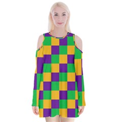 Mardi Gras Checkers Velvet Long Sleeve Shoulder Cutout Dress by PhotoNOLA