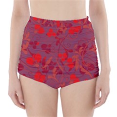 Red Floral Pattern High-waisted Bikini Bottoms by Valentinaart