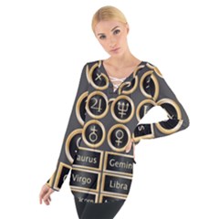 Black And Gold Buttons And Bars Depicting The Signs Of The Astrology Symbols Women s Tie Up Tee by Amaryn4rt