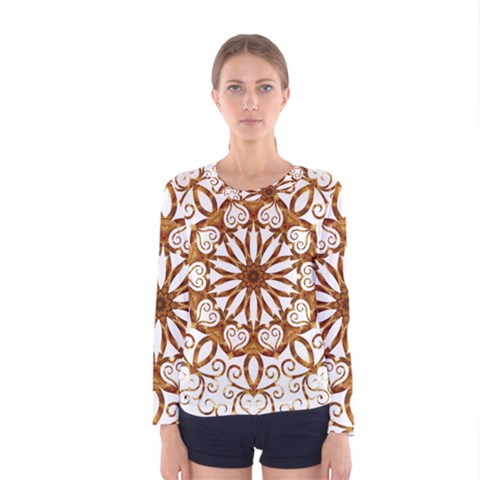 Golden Filigree Flake On White Women s Long Sleeve Tee by Amaryn4rt
