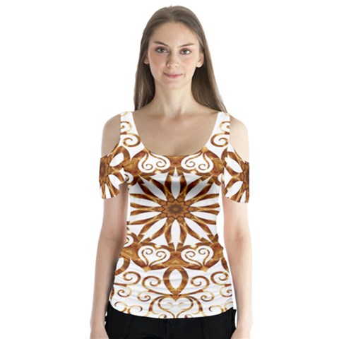 Golden Filigree Flake On White Butterfly Sleeve Cutout Tee  by Amaryn4rt