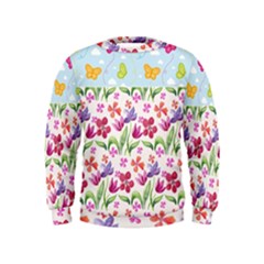 Watercolor Flowers And Butterflies Pattern Kids  Sweatshirt by TastefulDesigns