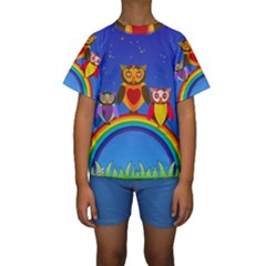 Owls Rainbow Animals Birds Nature Kids  Short Sleeve Swimwear