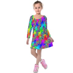 Digital Rainbow Fractal Kids  Long Sleeve Velvet Dress by Simbadda