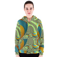 Gold Blue Fractal Worms Background Women s Zipper Hoodie by Simbadda