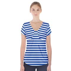 Horizontal Stripes Dark Blue Short Sleeve Front Detail Top by Mariart