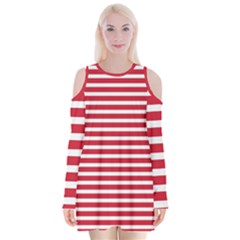 Horizontal Stripes Red Velvet Long Sleeve Shoulder Cutout Dress by Mariart