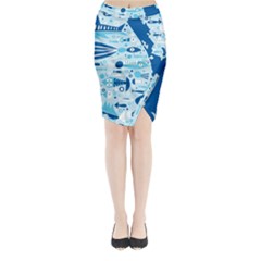 New Zealand Fish Detail Blue Sea Shark Midi Wrap Pencil Skirt