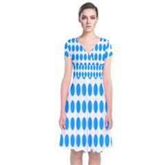 Polka Dots Blue White Short Sleeve Front Wrap Dress