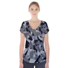 Urban Initial Camouflage Grey Black Short Sleeve Front Detail Top by Mariart